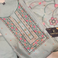 Embroidery Pants Set with Thread Work Dupatta - Light Blue