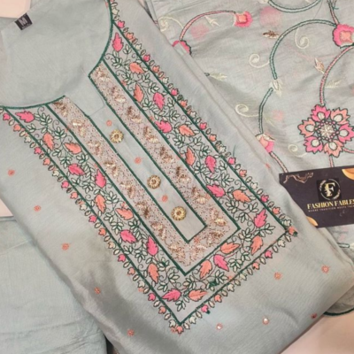 Embroidery Pants Set with Thread Work Dupatta - Light Blue