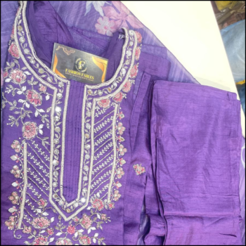 Purple Full Handwork Cotton Silk Fabric Set with organza dupatta