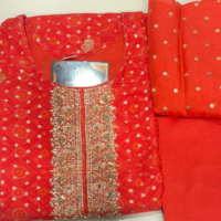 Orange Pure Dabka Work with Organza Fabric Light Weight Cotton Lining
