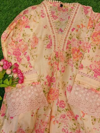 Peach color: A Line Cotton Suit - V Neck Floral Print - Image 2