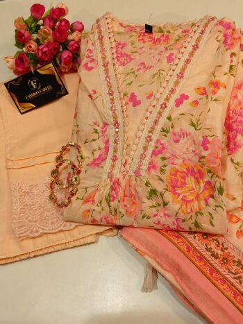 Peach color: A Line Cotton Suit - V Neck Floral Print