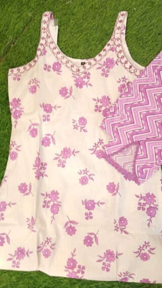 Straps Pattern Cotton Pants Set - White Purple Combination