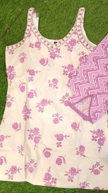 Straps Pattern Cotton Pants Set - White Purple Combination