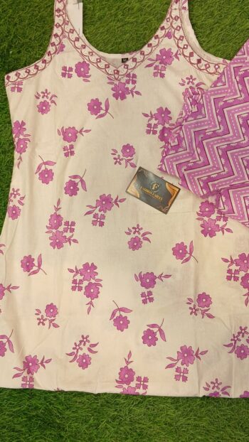 Straps Pattern Cotton Pants Set - White Purple Combination - Image 2
