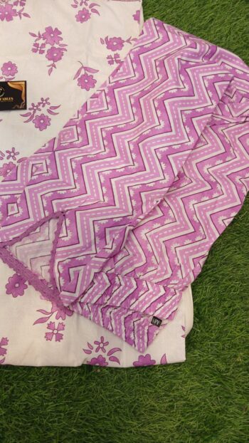 Straps Pattern Cotton Pants Set - White Purple Combination - Image 3