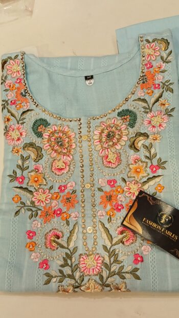 Light Blue Cotton Embroidered Pants Set