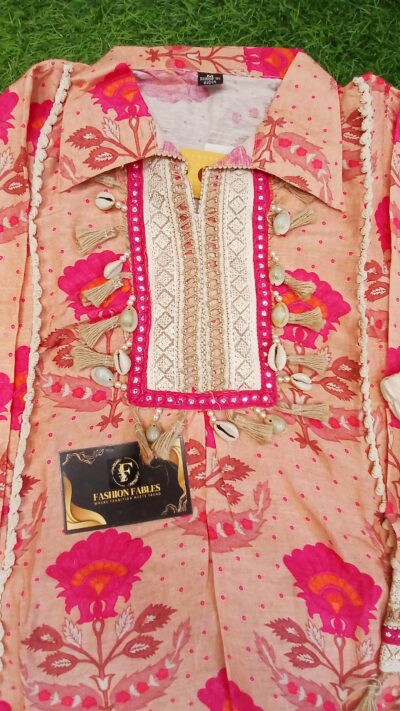 Pure Maslin Co-ord Set + Khadi Botton| Peach Color - Image 5