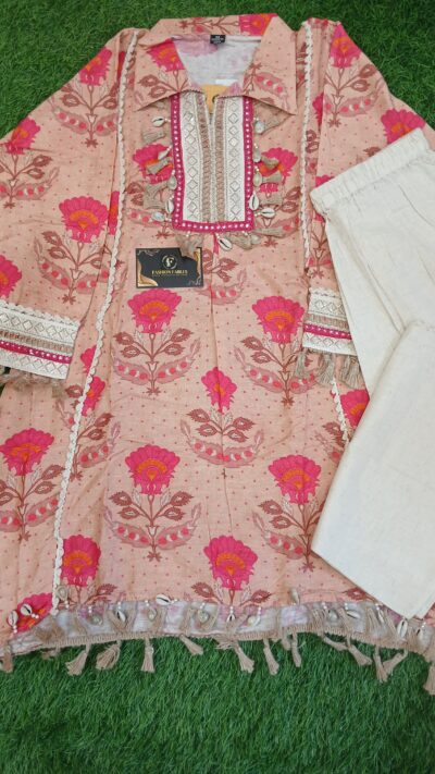 Pure Maslin Co-ord Set + Khadi Botton| Peach Color - Image 3