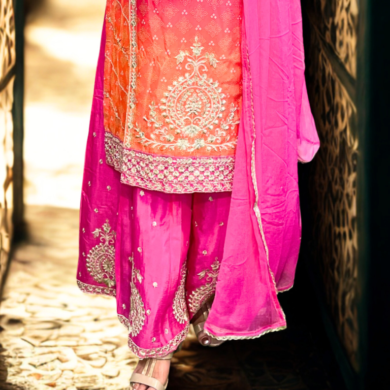 Sharara Set with Golden Thread Embroidery & Multicolor Bandhani Detailing
