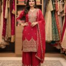 Rose Pink Pure Chinon Embroidered Suit