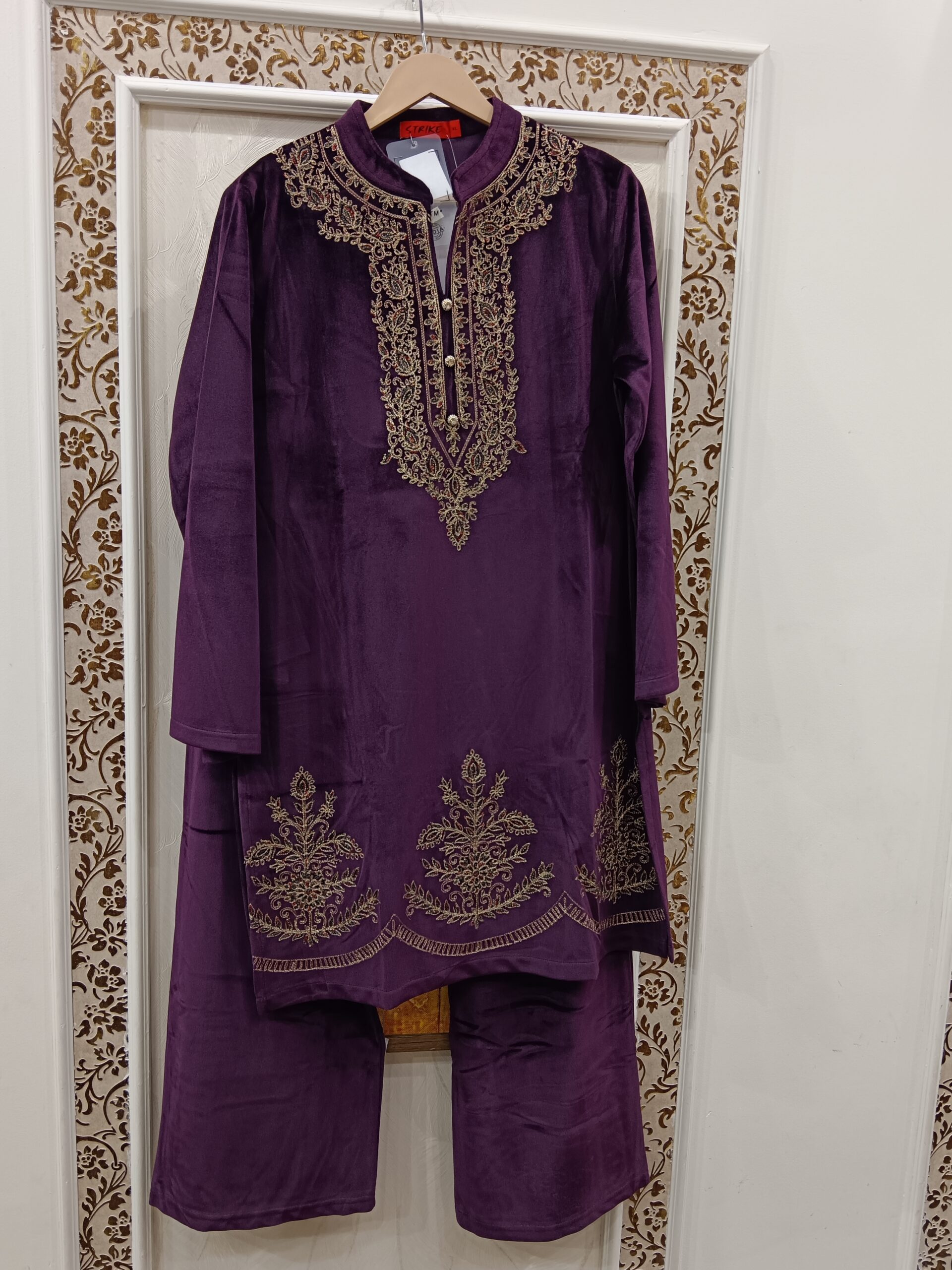 Winter Velvet Co-ord Set with Golden Thread Work(Wine) - Image 2