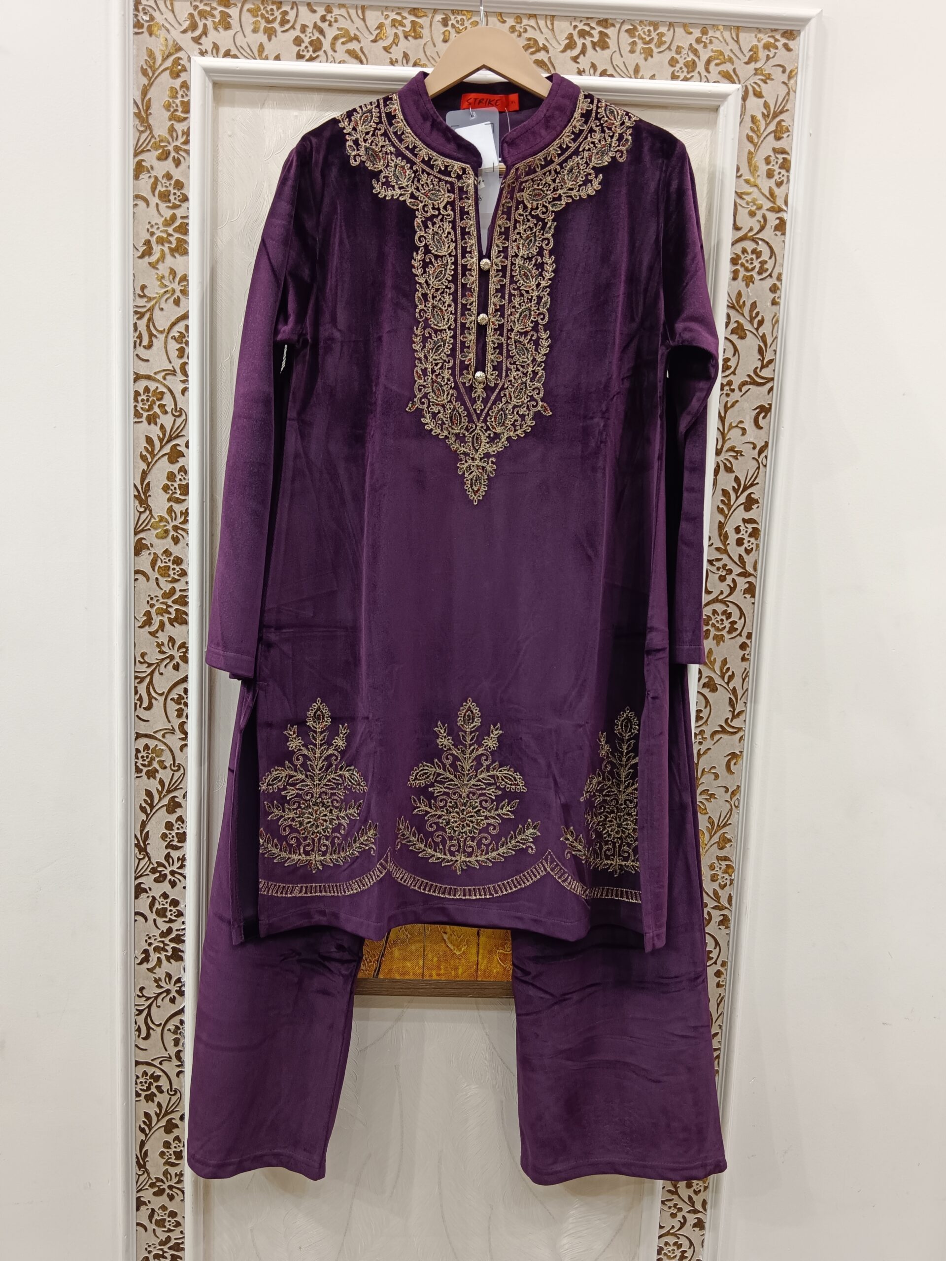 Winter Velvet Co-ord Set with Golden Thread Work(Wine)