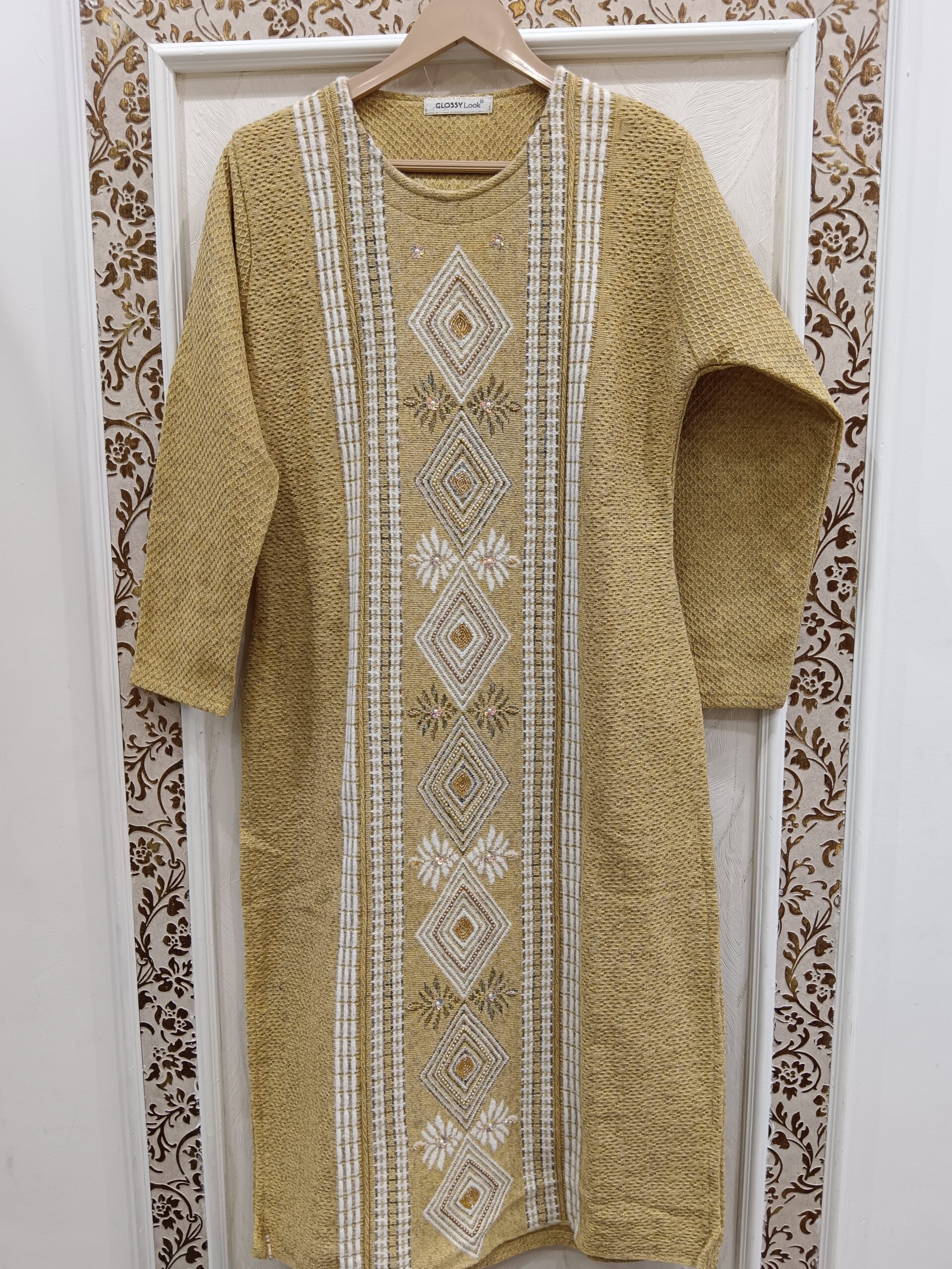 Premium Winter Wooden Suit with Full-Length Dupatta(Golden) - Image 2