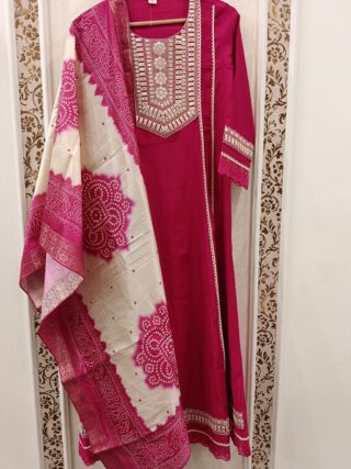 Silk A-Line Kurta Set with Bandhej Dupatta