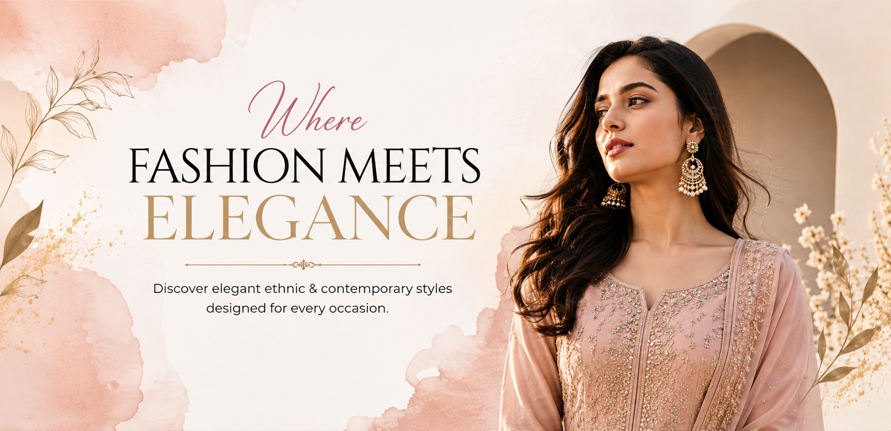 Fashion Fables elegant ethnic wear banner featuring a woman in a blush pink embroidered suit