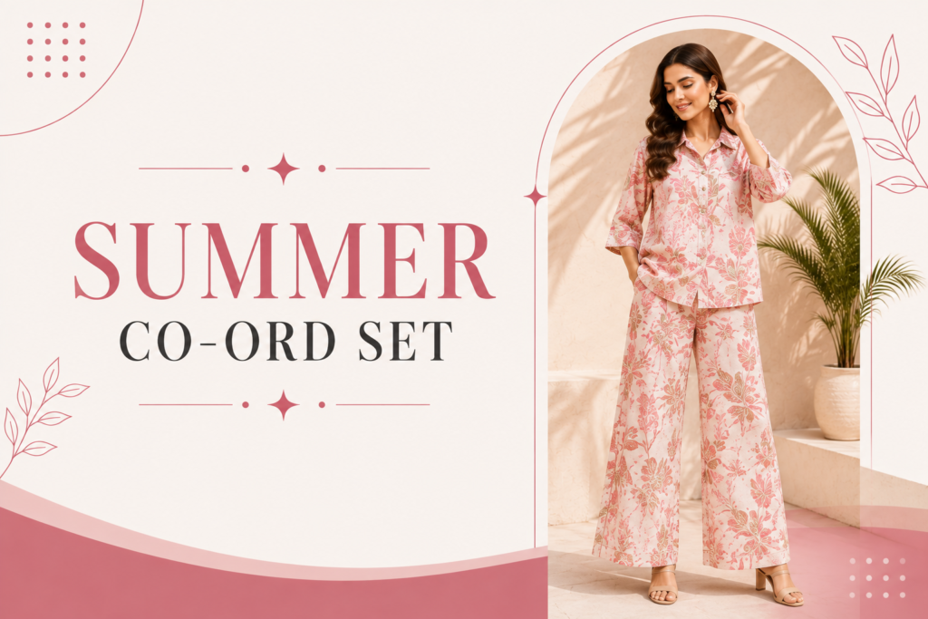 Summer co-ord set banner featuring a woman wearing a stylish pink and white floral co-ord set with wide-leg pants.